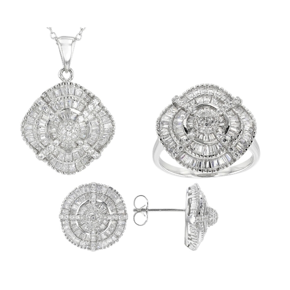 Ring  Necklace & Earrings Set White Cubic Zirconia Rhodium Over Silver 10.45ctw